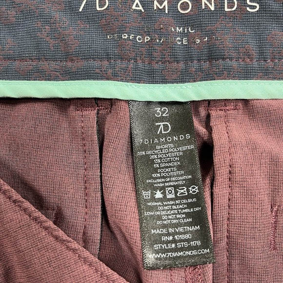 7 Diamonds Dynamic Performance Shorts Mens Size 32 Burgundy - Picture 4 of 8